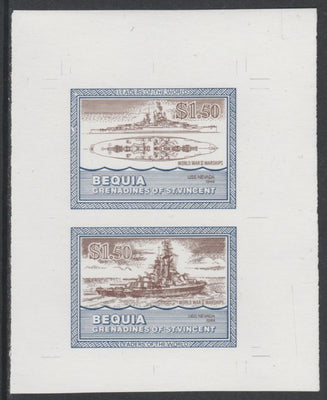St Vincent - Bequia 1985 Warships of World War 2, $1.50 USS Nevada individual imperf se-tenant colour trial proof in purple-brown and blue with white background, ex Format International archives