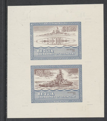 St Vincent - Bequia 1985 Warships of World War 2, $1.50 USS Nevada individual imperf se-tenant colour trial proof in purple-brown and blue with buff background, ex Format International archives