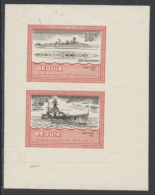 St Vincent - Bequia 1985 Warships of World War 2, 15c HMS Hood individual imperf se-tenant colour trial proof in black and orange (the colours of the issued $1) with buff background, ex Format International archives