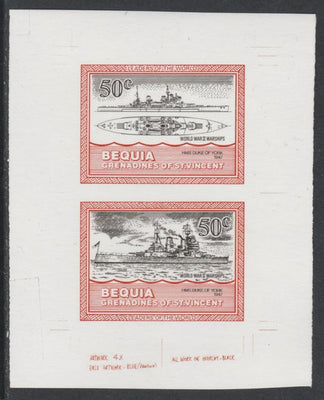 St Vincent - Bequia 1985 Warships of World War 2, 50c HMS Duke of York individual imperf se-tenant colour trial proof in black and orange (the colours of the issued $1) with white background, ex Format International archives