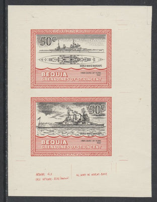 St Vincent - Bequia 1985 Warships of World War 2, 50c HMS Duke of York individual imperf se-tenant colour trial proof in black and orange (the colours of the issued $1) with buff background, ex Format International archives