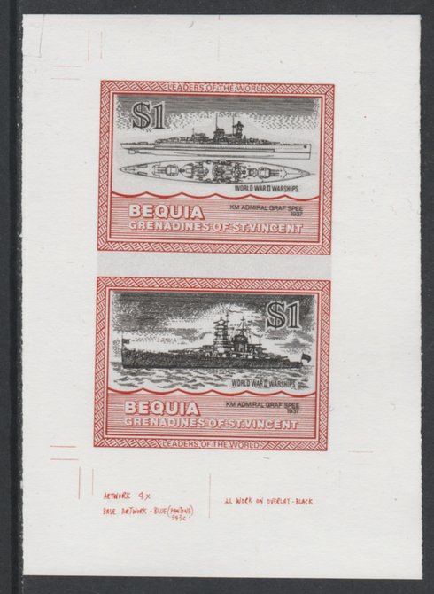 St Vincent - Bequia 1985 Warships of World War 2, $1 KM Admiral Graf Spee individual imperf se-tenant colour trial proof in issued colours with white background, ex Format International archives