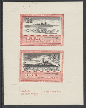 St Vincent - Bequia 1985 Warships of World War 2, $1 KM Admiral Graf Spee individual imperf se-tenant colour trial proof in issued colours with buff background, ex Format International archives