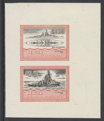 St Vincent - Bequia 1985 Warships of World War 2, $1.50 USS Nevada individual imperf se-tenant colour trial proof in black and orange (the colours of the issued $1) with buff background, ex Format International archives