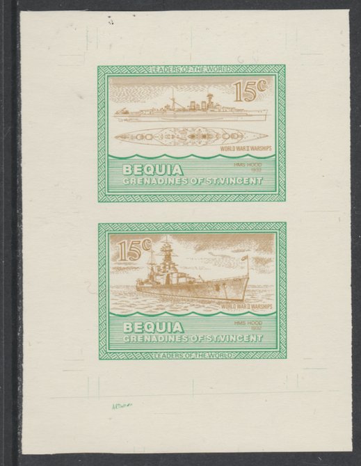 St Vincent - Bequia 1985 Warships of World War 2, 15c HMS Hood individual imperf se-tenant colour trial proof in orange-brown and green with buff background, ex Format International archives