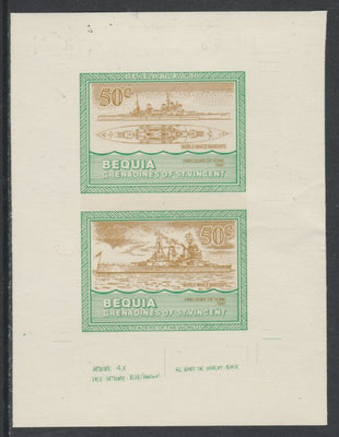 St Vincent - Bequia 1985 Warships of World War 2, 50c HMS Duke of York individual imperf se-tenant colour trial proof in orange-brown and green with buff background, ex Format International archives
