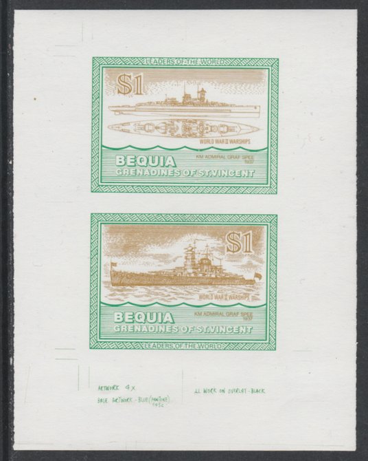 St Vincent - Bequia 1985 Warships of World War 2, $1 KM Admiral Graf Spee individual imperf se-tenant colour trial proof in orange-brown and green with white background, ex Format International archives