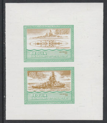 St Vincent - Bequia 1985 Warships of World War 2, $1.50 USS Nevada individual imperf se-tenant colour trial proof in orange-brown and green with white background, ex Format International archives