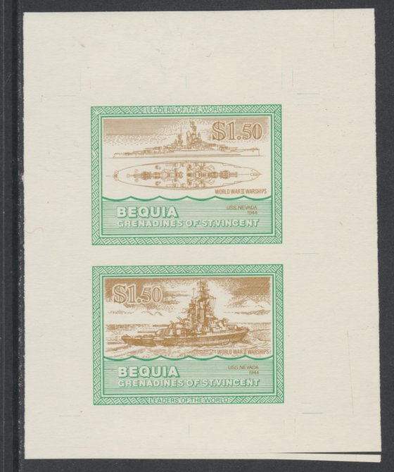 St Vincent - Bequia 1985 Warships of World War 2, $1.50 USS Nevada individual imperf se-tenant colour trial proof in orange-brown and green with buff background, ex Format International archives