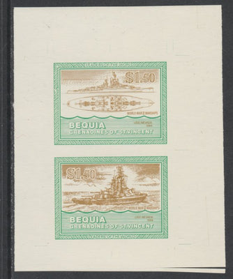 St Vincent - Bequia 1985 Warships of World War 2, $1.50 USS Nevada individual imperf se-tenant colour trial proof in orange-brown and green with buff background, ex Format International archives