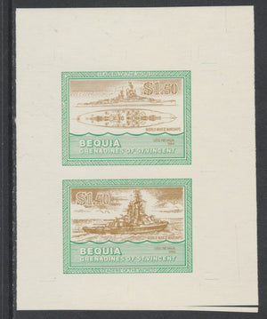 St Vincent - Bequia 1985 Warships of World War 2, $1.50 USS Nevada individual imperf se-tenant colour trial proof in orange-brown and green with buff background, ex Format International archives