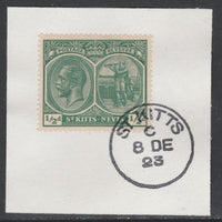 St Kitts-Nevis 1920-22 KG5 Columbus 1/2d blue-green SG24/37 on piece with full strike of Madame Joseph forged postmark type 347