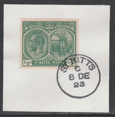 St Kitts-Nevis 1920-22 KG5 Columbus 1/2d blue-green SG24/37 on piece with full strike of Madame Joseph forged postmark type 347