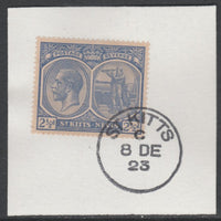St Kitts-Nevis 1920-22 KG5 Columbus 2.5d ultramarine SG 28/42/44 on piece with full strike of Madame Joseph forged postmark type 347