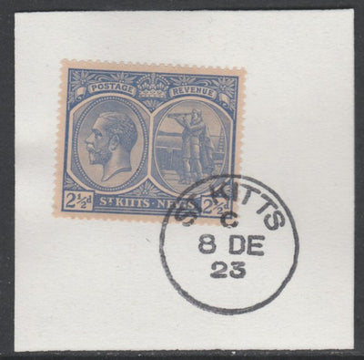 St Kitts-Nevis 1920-22 KG5 Columbus 2.5d ultramarine SG 28/42/44 on piece with full strike of Madame Joseph forged postmark type 347