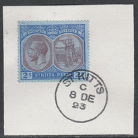 St Kitts-Nevis 1920-22 KG5 Columbus 2s purple & blue on blue SG32/47 on piece with full strike of Madame Joseph forged postmark type 347