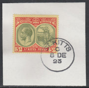 St Kitts-Nevis 1920-22 KG5 Columbus 5s green & red on yellow SG 34/47c on piece with full strike of Madame Joseph forged postmark type 347
