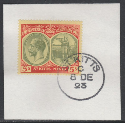 St Kitts-Nevis 1920-22 KG5 Columbus 5s green & red on yellow SG 34/47c on piece with full strike of Madame Joseph forged postmark type 347