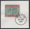 St Kitts-Nevis 1920-22 KG5 Medicinal Spring 10s green & red on green SG35 on piece with full strike of Madame Joseph forged postmark type 347