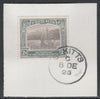 St Kitts-Nevis 1923 KG5 Tercentenary 2d SG 51 on piece with full strike of Madame Joseph forged postmark type 347