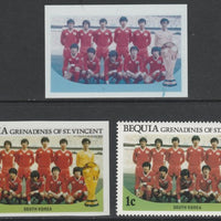 St Vincent - Bequia 1986 World Cup Football 1c,South Korea Team - imperf Cromalin die proofs (plastic card) in magenta & cyan only and all 4 colours plus issued stamp, two rare proof items from the Format International archives. C……Details Below