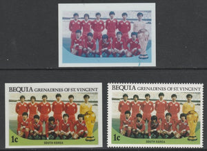 St Vincent - Bequia 1986 World Cup Football 1c,South Korea Team - imperf Cromalin die proofs (plastic card) in magenta & cyan only and all 4 colours plus issued stamp, two rare proof items from the Format International archives. C……Details Below