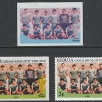 St Vincent - Bequia 1986 World Cup Football 2c Iraq Team - imperf Cromalin die proofs (plastic card) in magenta & cyan only and all 4 colours plus issued stamp, two rare proof items from the Format International archives. Cromalin……Details Below