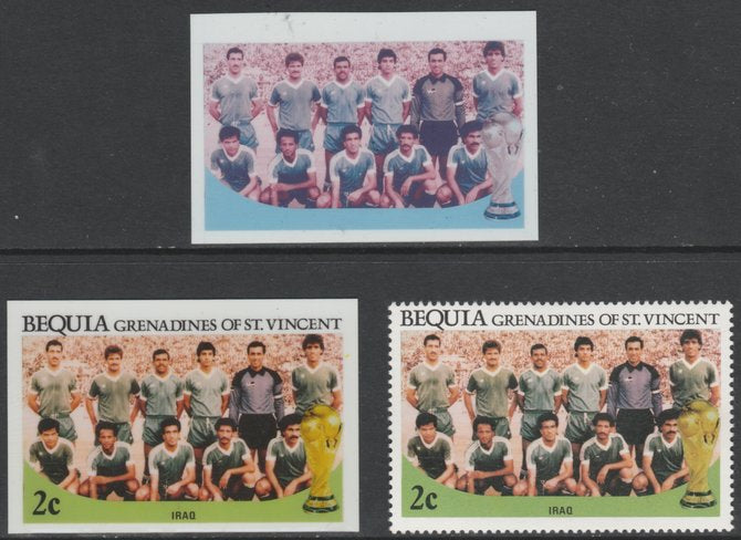 St Vincent - Bequia 1986 World Cup Football 2c Iraq Team - imperf Cromalin die proofs (plastic card) in magenta & cyan only and all 4 colours plus issued stamp, two rare proof items from the Format International archives. Cromalin……Details Below