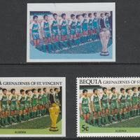 St Vincent - Bequia 1986 World Cup Football 5c Algeria Team - imperf Cromalin die proofs (plastic card) in magenta & cyan only and all 4 colours plus issued stamp, two rare proof items from the Format International archives. Croma……Details Below