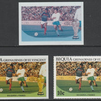 St Vincent - Bequia 1986 World Cup Football 10c Bulgaria v France - imperf Cromalin die proofs (plastic card) in magenta & cyan only and all 4 colours plus issued stamp, two rare proof items from the Format International archives.……Details Below