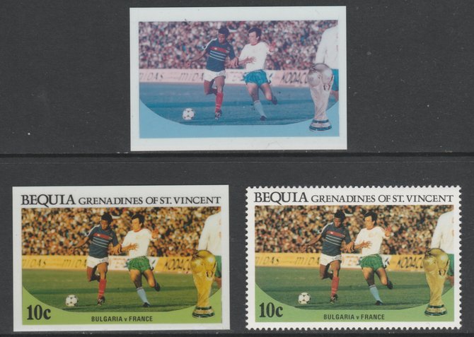St Vincent - Bequia 1986 World Cup Football 10c Bulgaria v France - imperf Cromalin die proofs (plastic card) in magenta & cyan only and all 4 colours plus issued stamp, two rare proof items from the Format International archives.……Details Below