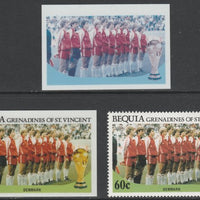 St Vincent - Bequia 1986 World Cup Football 60c Denmark Team - imperf Cromalin die proofs (plastic card) in magenta & cyan only and all 4 colours plus issued stamp, two rare proof items from the Format International archives. Crom……Details Below