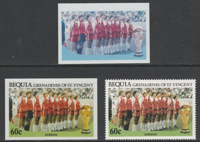 St Vincent - Bequia 1986 World Cup Football 60c Denmark Team - imperf Cromalin die proofs (plastic card) in magenta & cyan only and all 4 colours plus issued stamp, two rare proof items from the Format International archives. Crom……Details Below