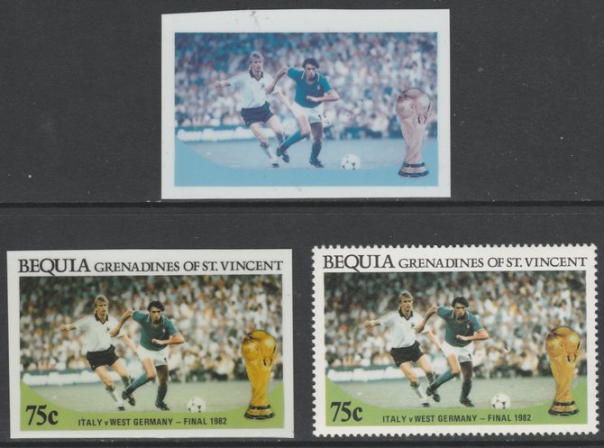 St Vincent - Bequia 1986 World Cup Football 75c Italy v West Germany - imperf Cromalin die proofs (plastic card) in magenta & cyan only and all 4 colours plus issued stamp, two rare proof items from the Format International archiv……Details Below
