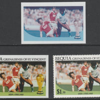 St Vincent - Bequia 1986 World Cup Football $1.50 USSR v England - imperf Cromalin die proofs (plastic card) in magenta & cyan only and all 4 colours plus issued stamp, two rare proof items from the Format International archives. ……Details Below