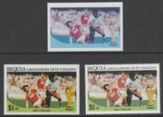 St Vincent - Bequia 1986 World Cup Football $1.50 USSR v England - imperf Cromalin die proofs (plastic card) in magenta & cyan only and all 4 colours plus issued stamp, two rare proof items from the Format International archives. ……Details Below