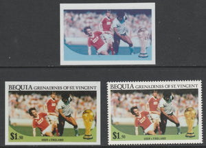 St Vincent - Bequia 1986 World Cup Football $1.50 USSR v England - imperf Cromalin die proofs (plastic card) in magenta & cyan only and all 4 colours plus issued stamp, two rare proof items from the Format International archives. ……Details Below