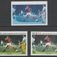 St Vincent - Bequia 1986 World Cup Football $6 England - imperf Cromalin die proofs (plastic card) in magenta & cyan only and all 4 colours plus issued stamp, two rare proof items from the Format International archives. Cromalin p……Details Below