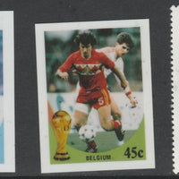 St Vincent - Bequia 1986 World Cup Football 45c Belgium - imperf Cromalin die proofs (plastic card) in magenta & cyan only and all 4 colours plus issued stamp, two rare proof items from the Format International archives. Cromalin ……Details Below