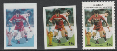 St Vincent - Bequia 1986 World Cup Football 45c Belgium - imperf Cromalin die proofs (plastic card) in magenta & cyan only and all 4 colours plus issued stamp, two rare proof items from the Format International archives. Cromalin ……Details Below