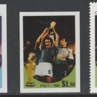 St Vincent - Bequia 1986 World Cup Football $1.50 Italy - imperf Cromalin die proofs (plastic card) in magenta & cyan only and all 4 colours plus issued stamp, two rare proof items from the Format International archives. Cromalin ……Details Below