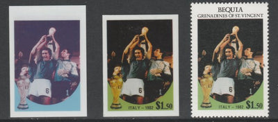 St Vincent - Bequia 1986 World Cup Football $1.50 Italy - imperf Cromalin die proofs (plastic card) in magenta & cyan only and all 4 colours plus issued stamp, two rare proof items from the Format International archives. Cromalin ……Details Below