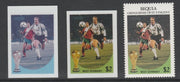 St Vincent - Bequia 1986 World Cup Football $2 West Germany - imperf Cromalin die proofs (plastic card) in magenta & cyan only and all 4 colours plus issued stamp, two rare proof items from the Format International archives. Croma……Details Below