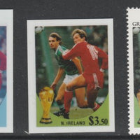 St Vincent - Bequia 1986 World Cup Football $3.50 N Ireland - imperf Cromalin die proofs (plastic card) in magenta & cyan only and all 4 colours plus issued stamp, two rare proof items from the Format International archives. Croma……Details Below