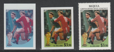 St Vincent - Bequia 1986 World Cup Football $3.50 N Ireland - imperf Cromalin die proofs (plastic card) in magenta & cyan only and all 4 colours plus issued stamp, two rare proof items from the Format International archives. Croma……Details Below