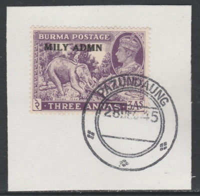 Burma 1945 Mily Admin opt on Elephant & Teak 3a violet SG 43 on piece with full strike of Madame Joseph forged postmark type 106