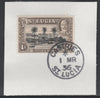 St Lucia 1936 KG5 Pictorial 1d black & brown SG 114 on piece with full strike of Madame Joseph forged postmark type 359