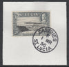 St Lucia 1936 KG5 Pictorial 2d black & grey SG 116 on piece with full strike of Madame Joseph forged postmark type 359
