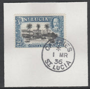 St Lucia 1936 KG5 Pictorial 2.5d black & blue SG 117 on piece with full strike of Madame Joseph forged postmark type 359