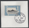 St Lucia 1936 KG5 Pictorial 1s black & light blue SG 121 on piece with full strike of Madame Joseph forged postmark type 359
